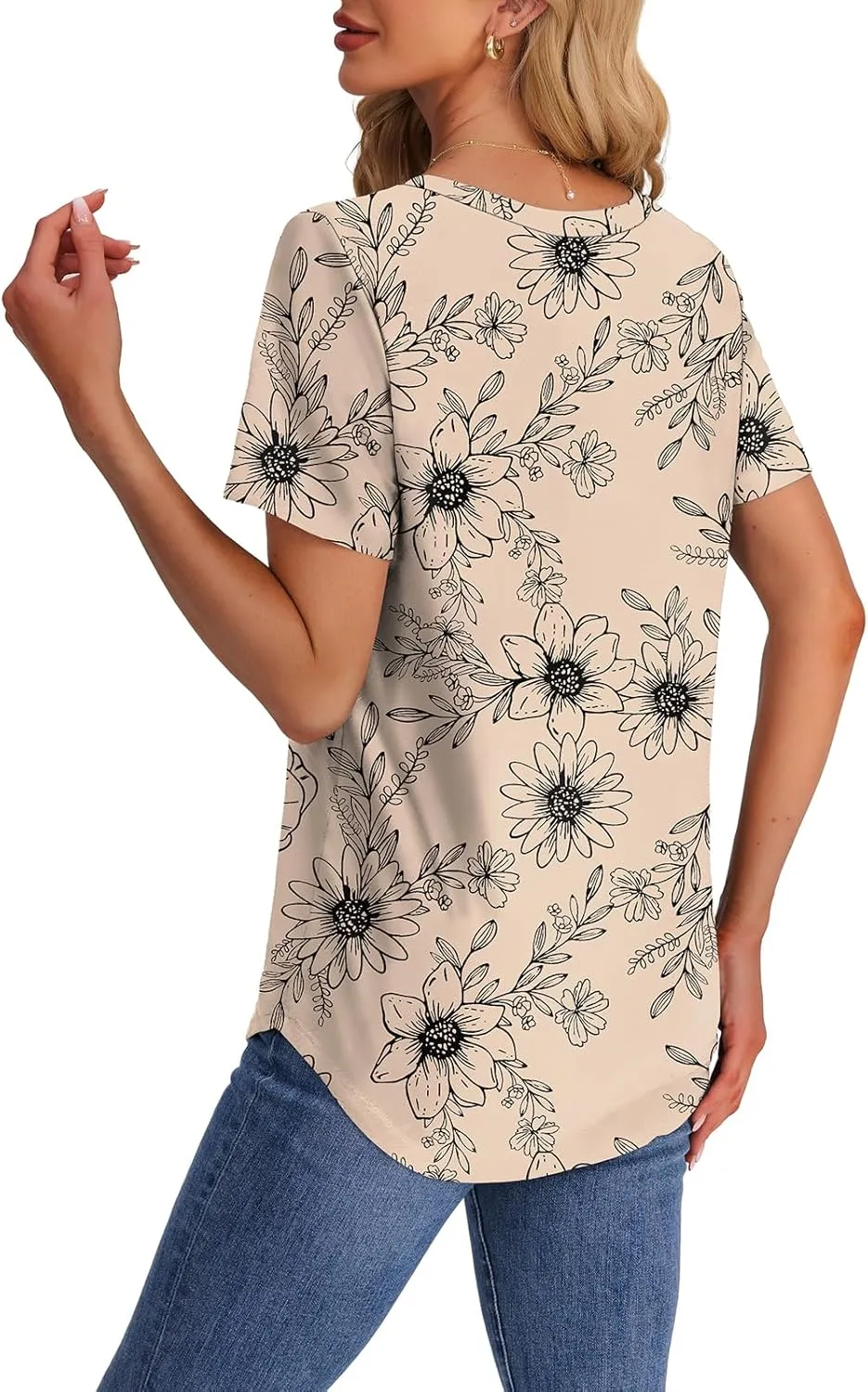 OFEEFAN Womens T Shirts V Neck Short Sleeve Casual Tops Loose Fit Basic Tees with Curved Hem