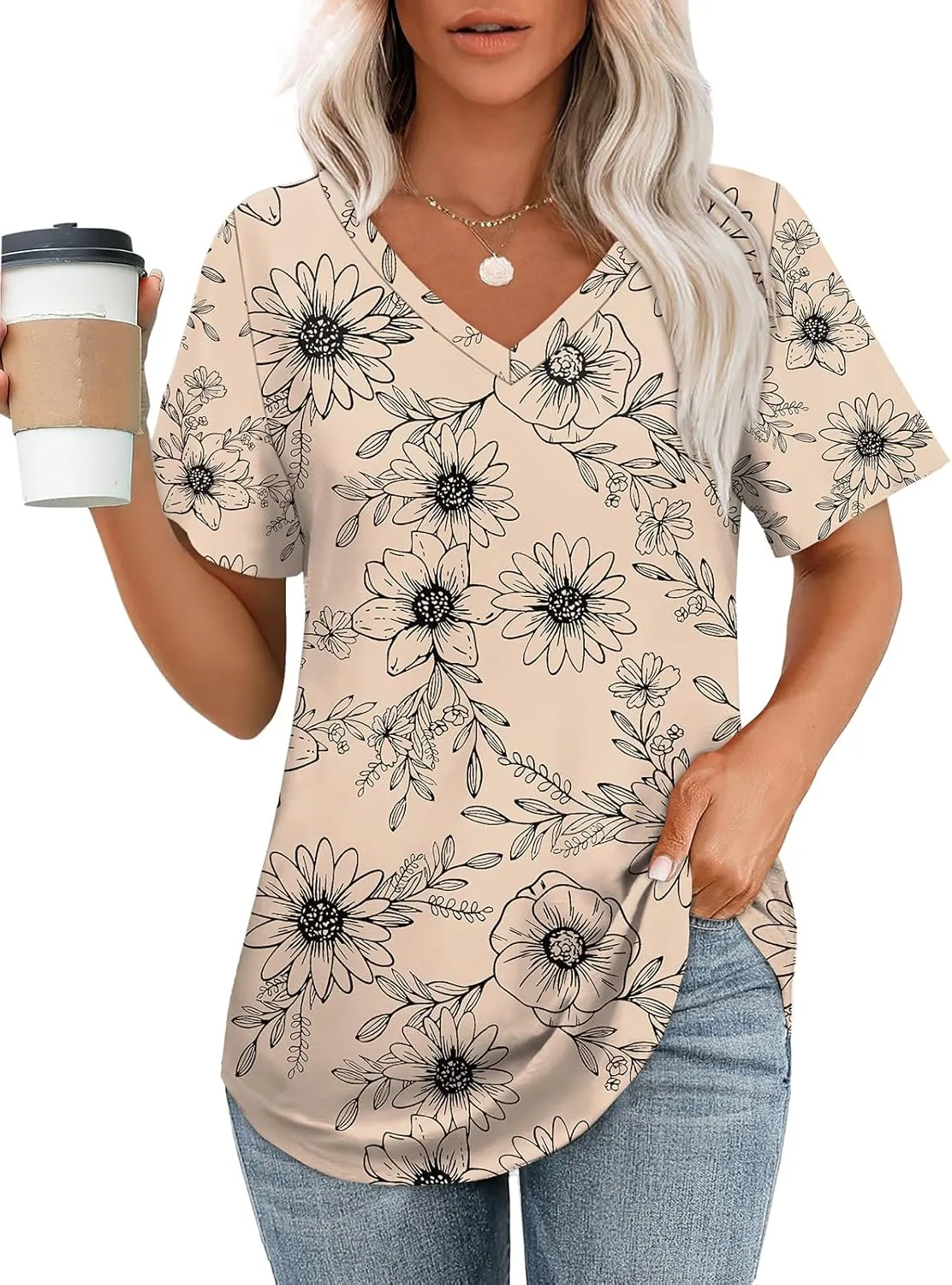 OFEEFAN Womens T Shirts V Neck Short Sleeve Casual Tops Loose Fit Basic Tees with Curved Hem