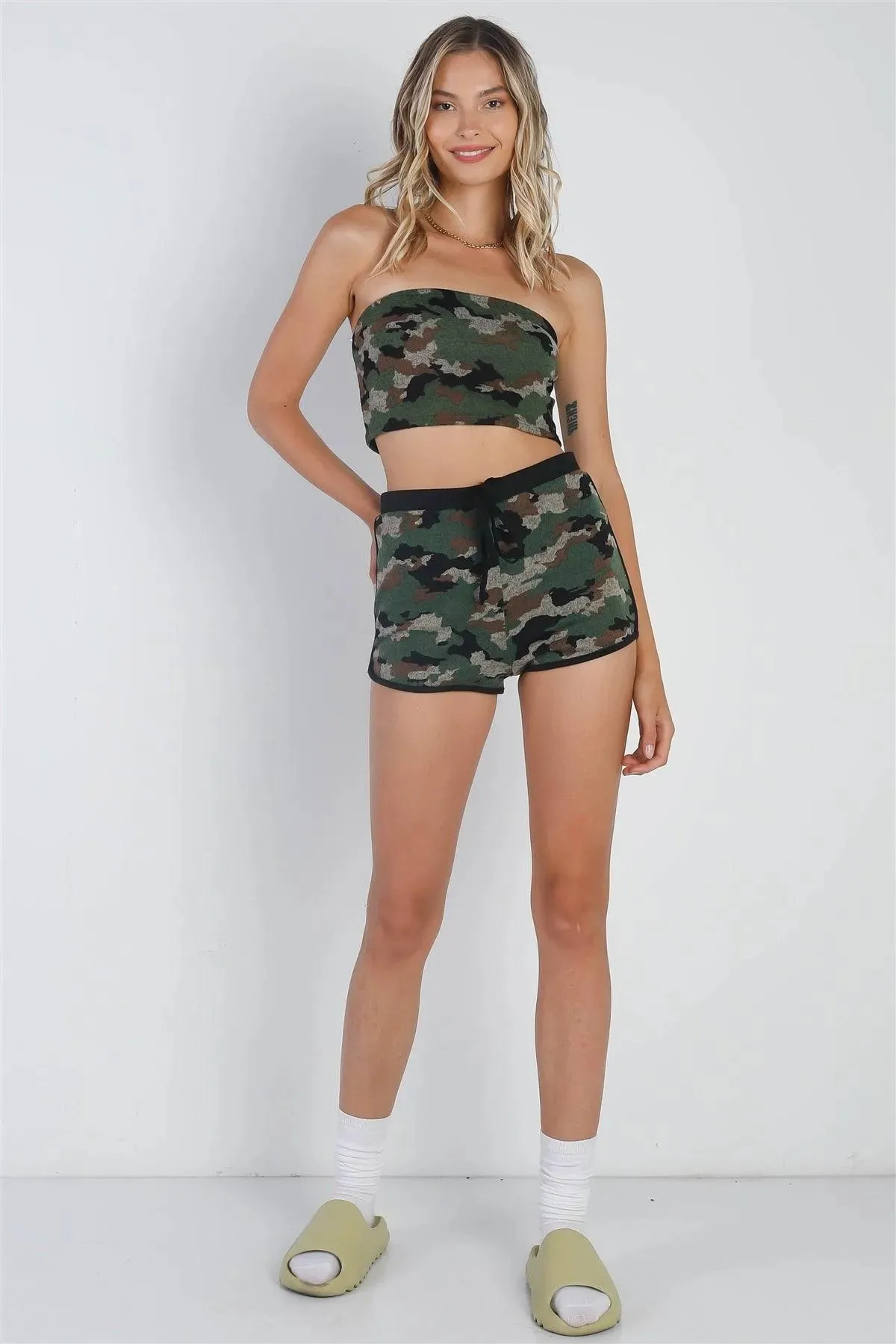 Olive Camo Knit Sleeveless Strapless Tube Crop Top & High Waist Self-Tie Sporty Mini Shorts Set /3-2-1