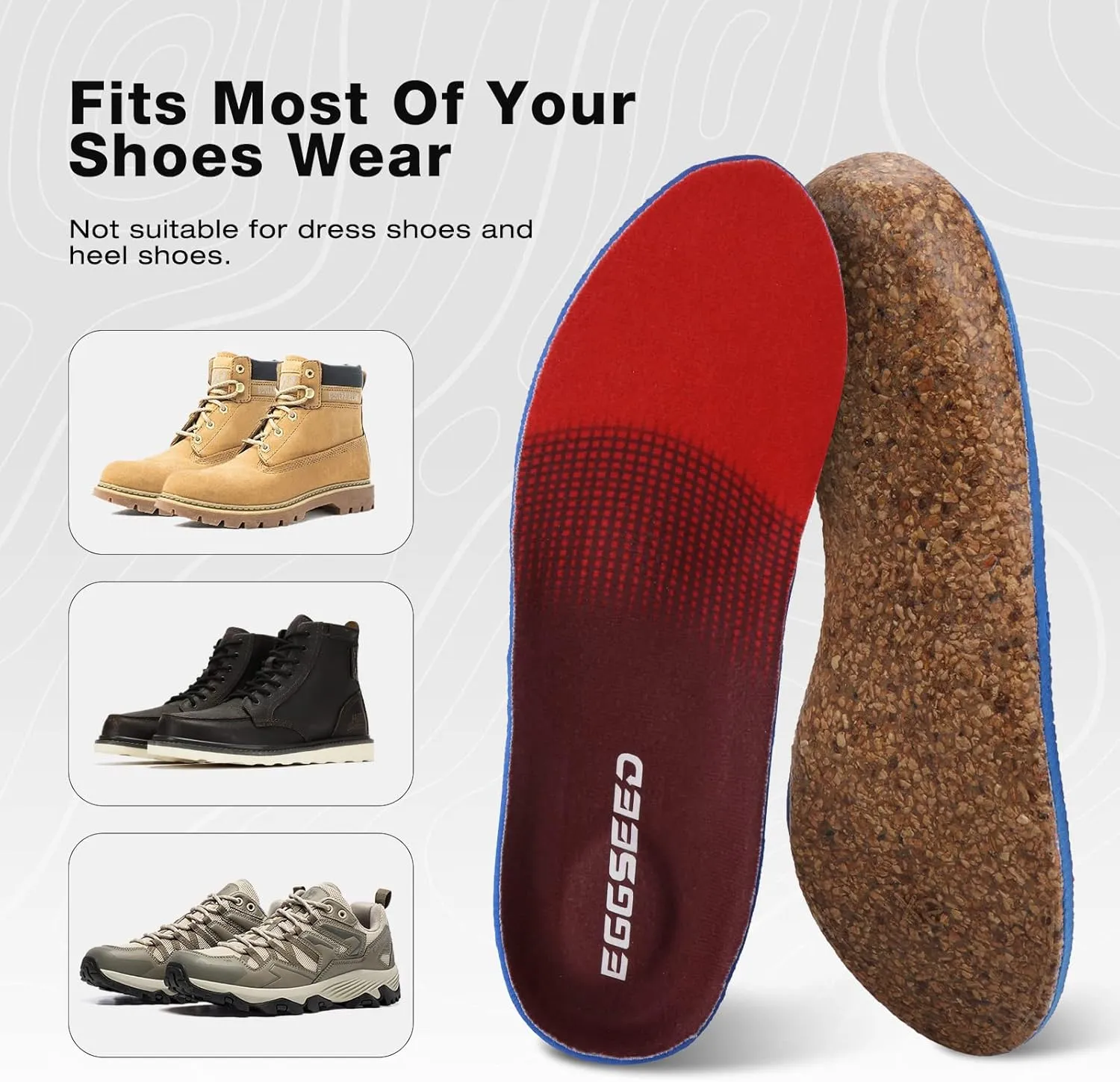 Plantar Fasciitis Relief Feet Cork Insoles Arch Supports Orthotics Inserts for Flat Feet, High Arch, Foot Pain Shoe Heel Inserts in Work Boots(for Women 10-11.5/Men 9-10.5)
