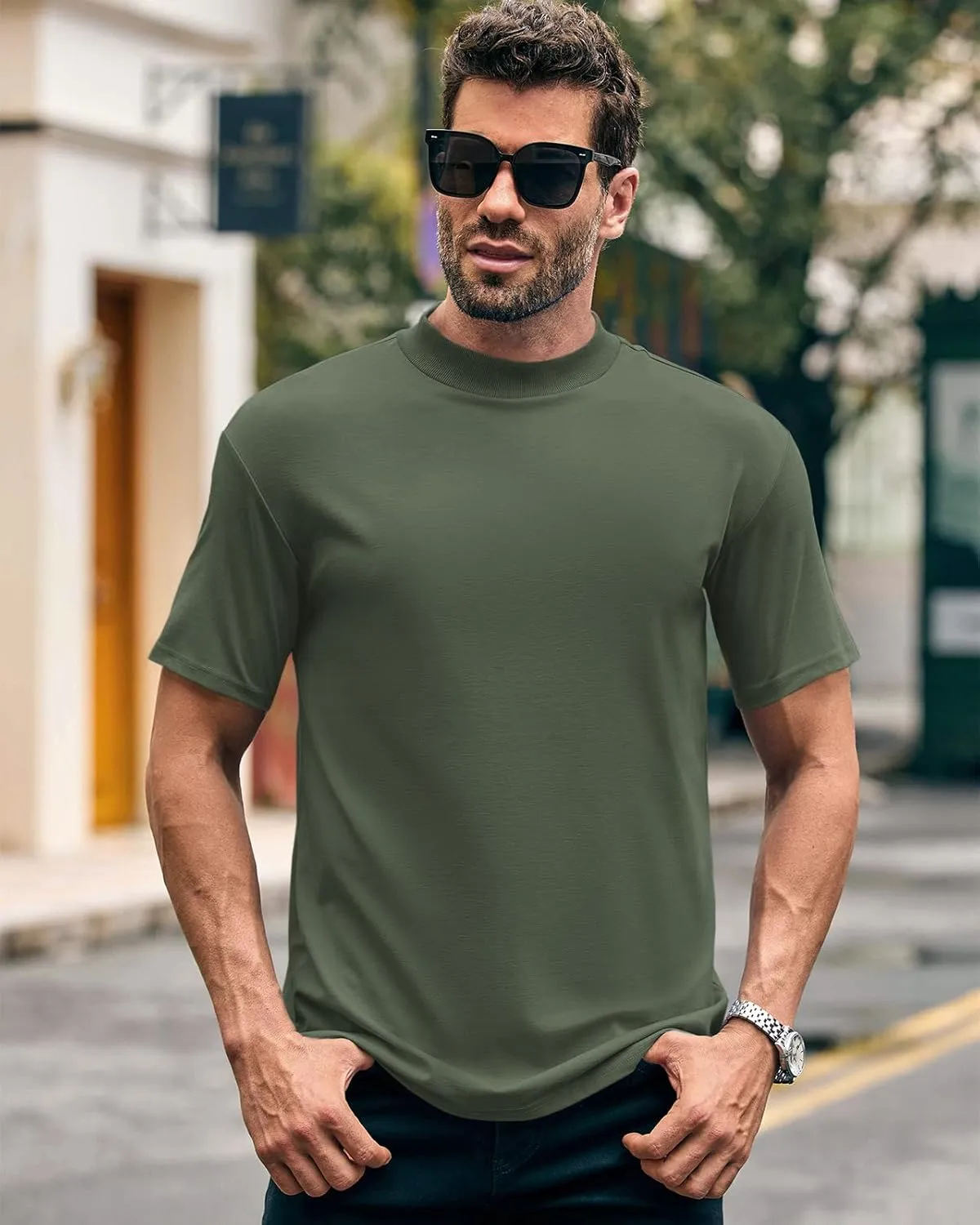 Wihion Men Turtleneck Mock Neck T Shirts Short Sleeve Ribbed High Neck T-Shirt Tee