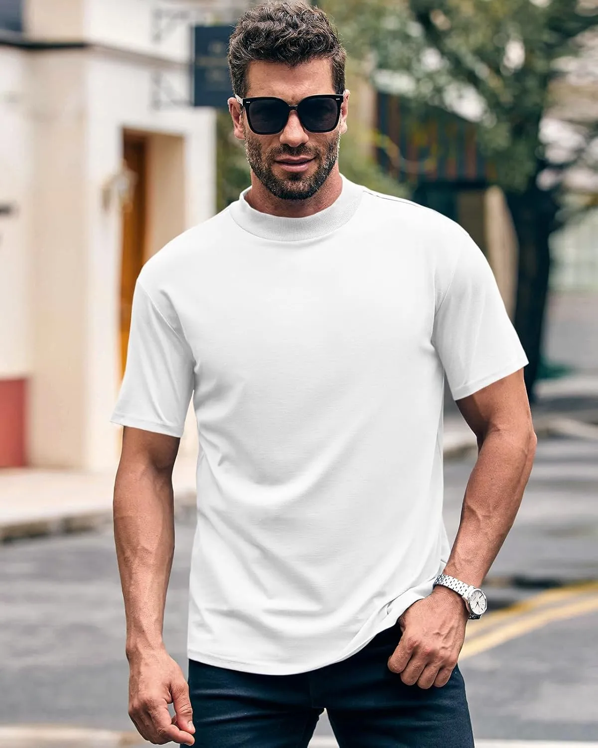 Wihion Men Turtleneck Mock Neck T Shirts Short Sleeve Ribbed High Neck T-Shirt Tee