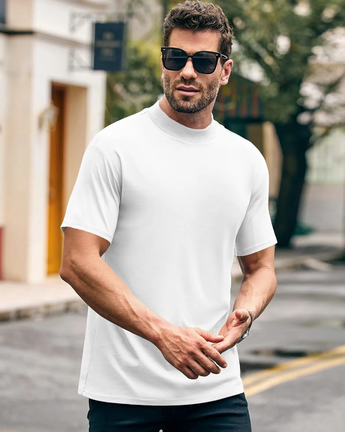 Wihion Men Turtleneck Mock Neck T Shirts Short Sleeve Ribbed High Neck T-Shirt Tee