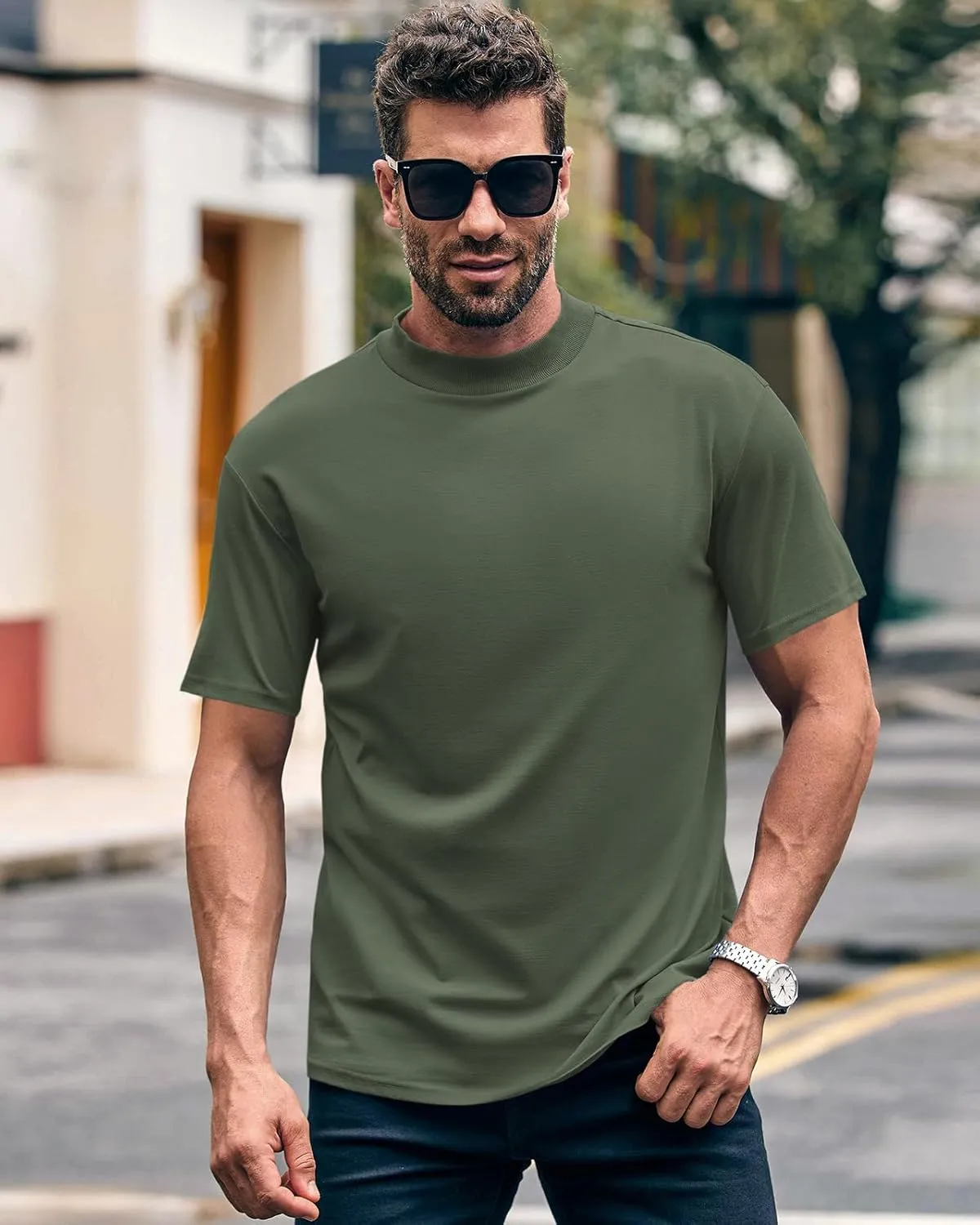 Wihion Men Turtleneck Mock Neck T Shirts Short Sleeve Ribbed High Neck T-Shirt Tee