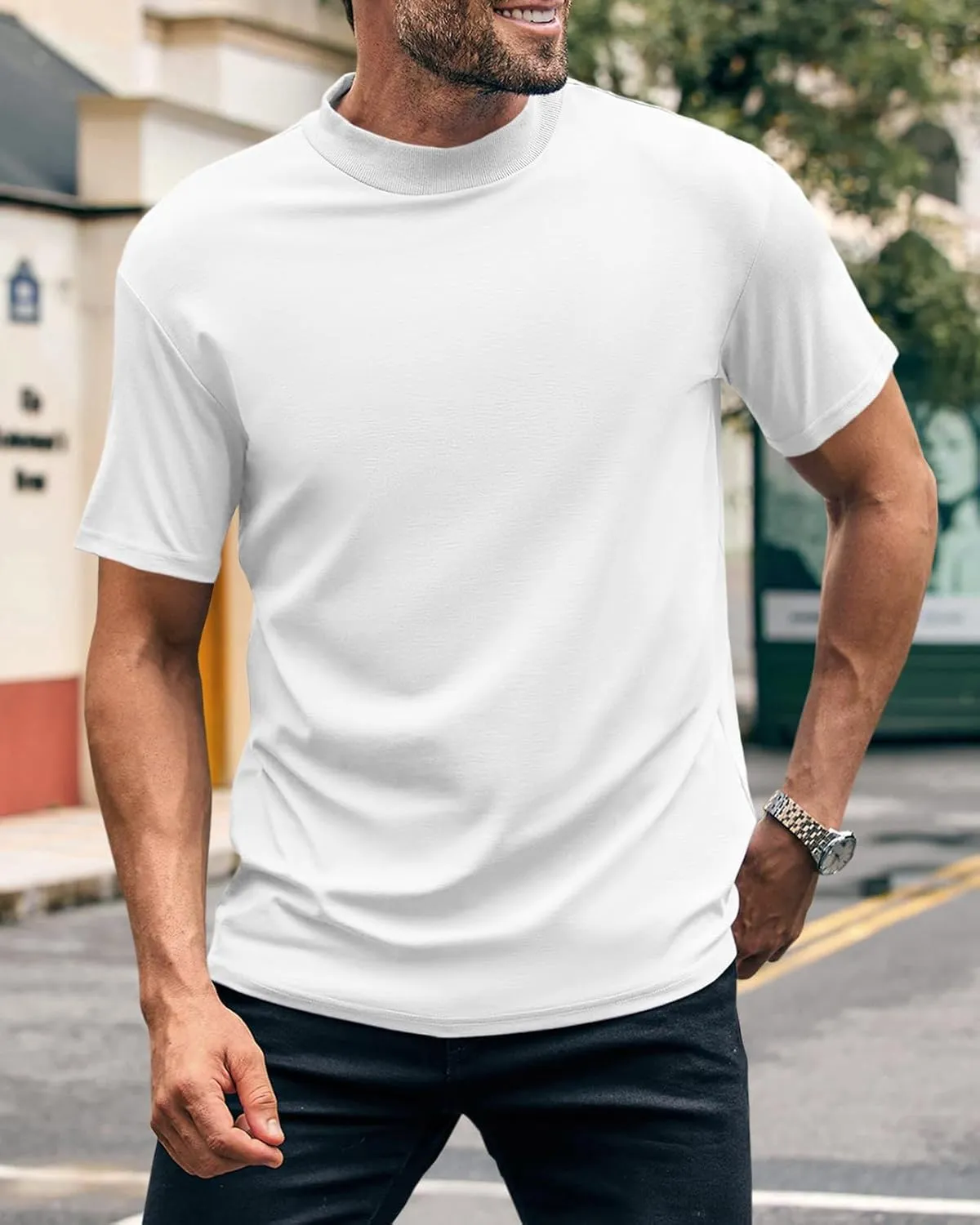 Wihion Men Turtleneck Mock Neck T Shirts Short Sleeve Ribbed High Neck T-Shirt Tee