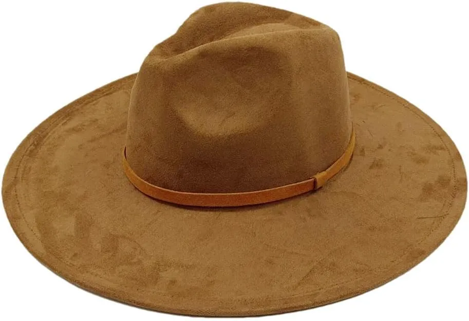Women Big Wide Brim Fedora Hats Rancher Hat Suede Jazz Hat Party Dress Hats with Band Belt Unisex Solid Hats