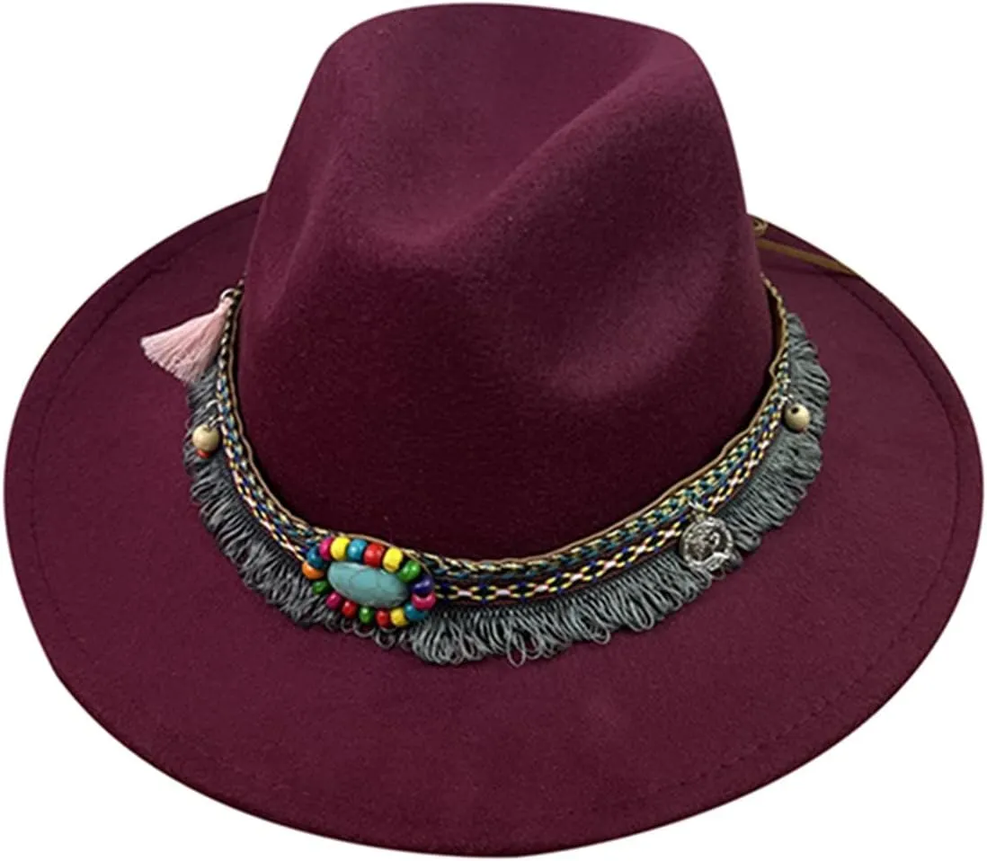 Women Men Vintage Wide Brim Warm Wool Fedora Hat Belt Panama Hat Solid Fall Winter Jazz Hat