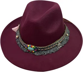 Women Men Vintage Wide Brim Warm Wool Fedora Hat Belt Panama Hat Solid Fall Winter Jazz Hat