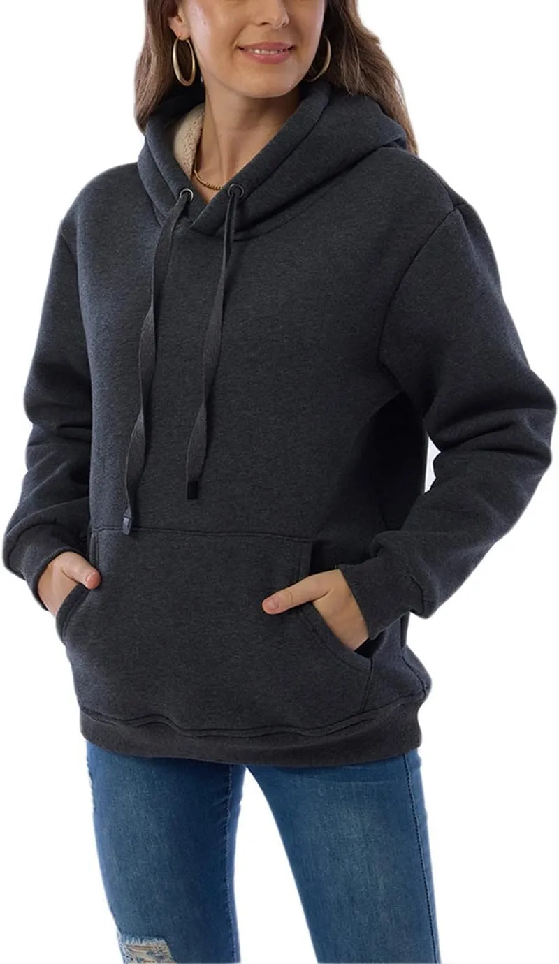 Womens Hooded Sweatshirt Fleece Sherpa Lined Hoodies Winter Causal Loose Fit Pullover