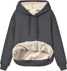 Womens Hooded Sweatshirt Fleece Sherpa Lined Hoodies Winter Causal Loose Fit Pullover