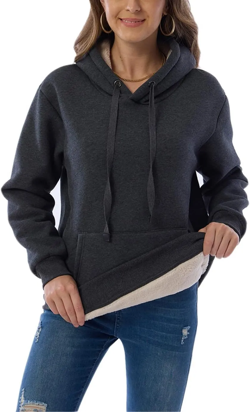Womens Hooded Sweatshirt Fleece Sherpa Lined Hoodies Winter Causal Loose Fit Pullover