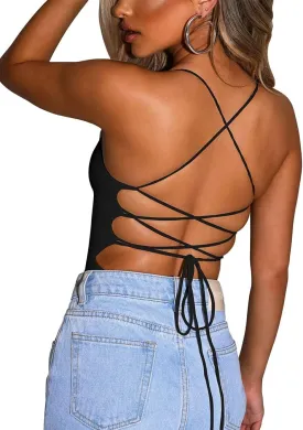 YMDUCH Women's Sexy Sleeveless Criss Cross Backless Cami Bodycon Bodysuit Tops