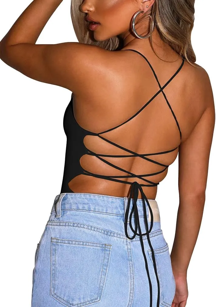 YMDUCH Women's Sexy Sleeveless Criss Cross Backless Cami Bodycon Bodysuit Tops